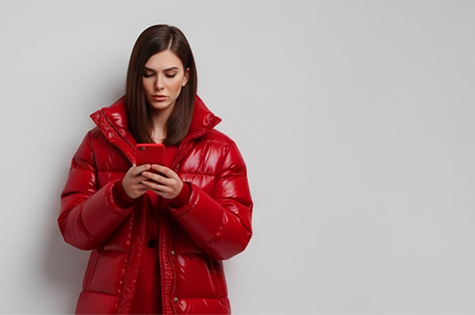 Mulher de vermelho mexendo no celular